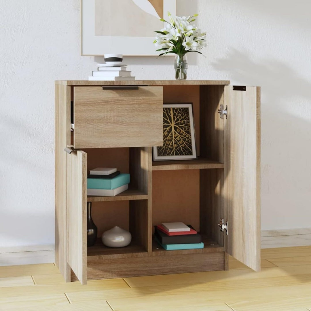 Das Sideboard setzt auf 2 Tueren in Eichenbraun