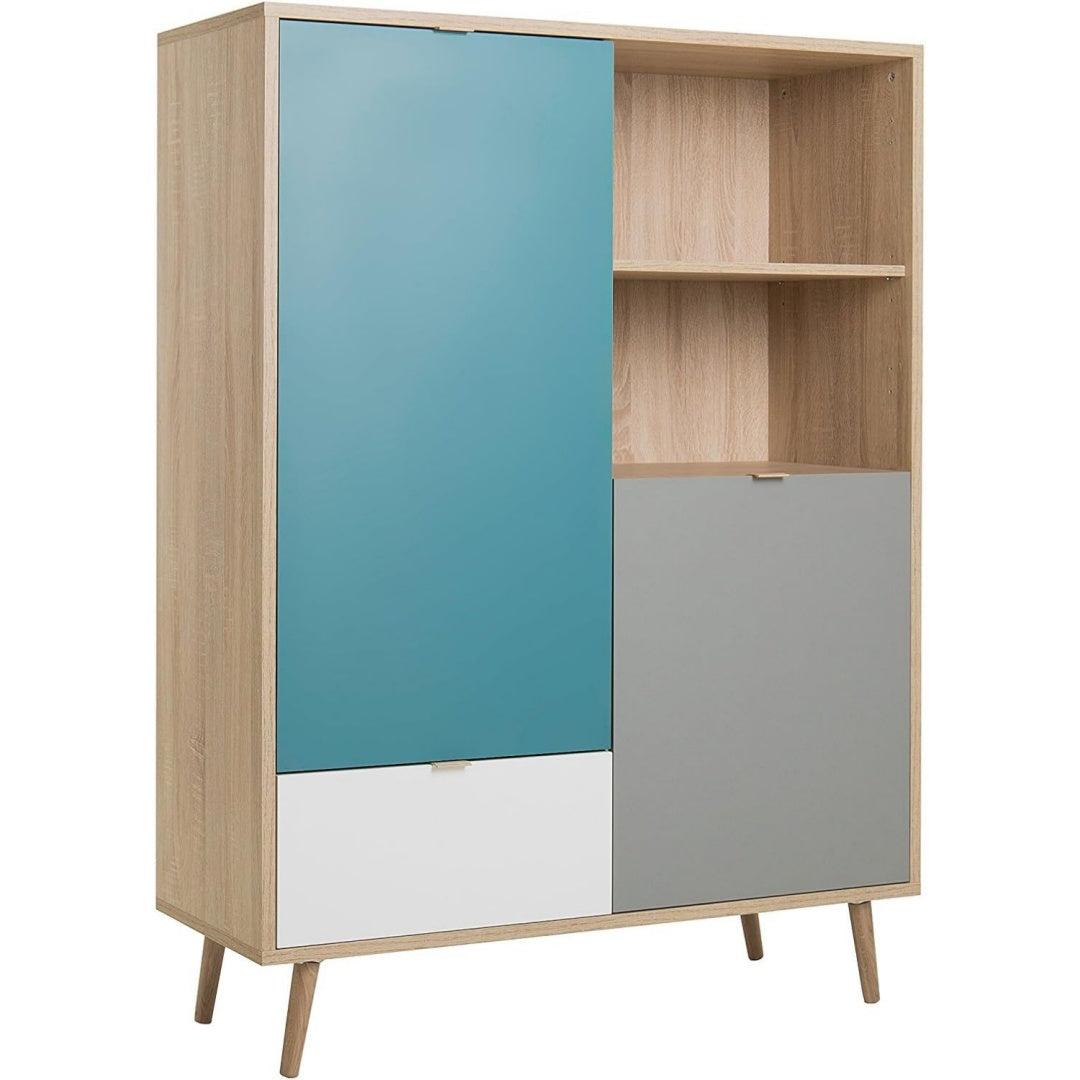 Schubladen praegen den Hochschrank in Blau und Naturbraun