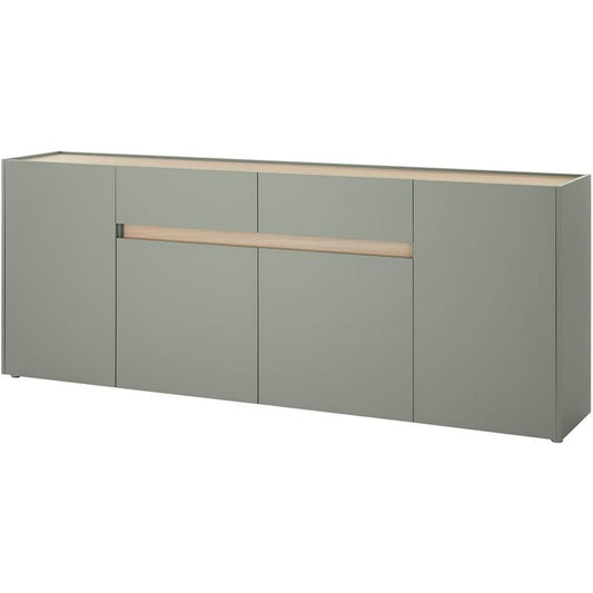 Grifflose Fronten praegen das Sideboard in Eichenbraun und Gruen