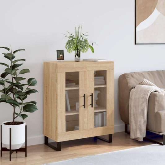 Glaselemente durchbrechen die warme Eichenoptik des Sideboards