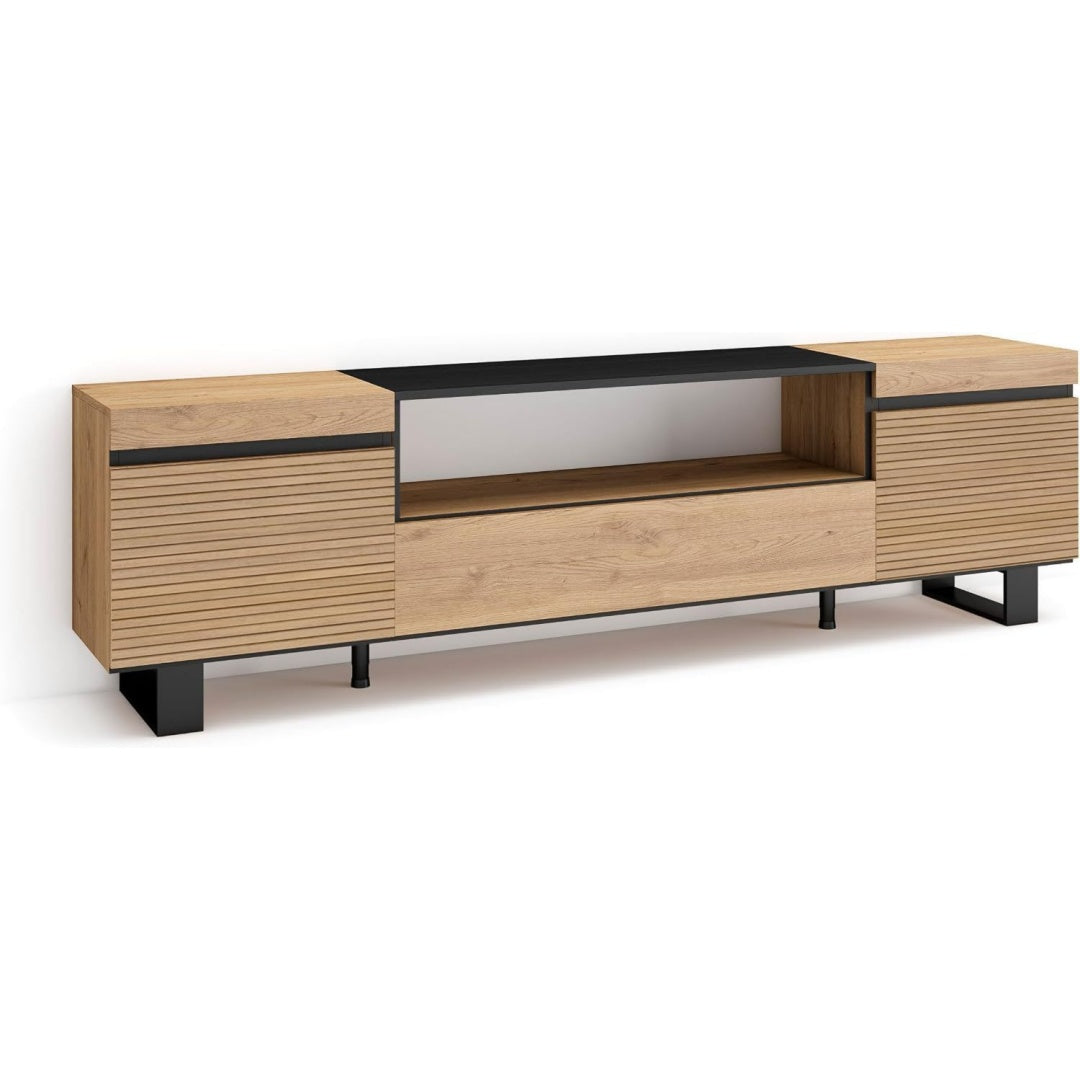 Medienboard verbindet ein Metallgestell und Holzoptik