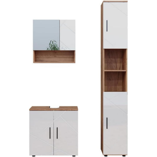 Hochschrank mit glaenzenden Oberflaechen, einem Spiegel und beschichteten Flaechen