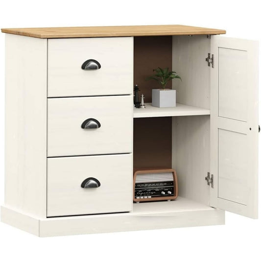 Metallgriffe an dem Sideboard aus Massivholz und Kiefernholz